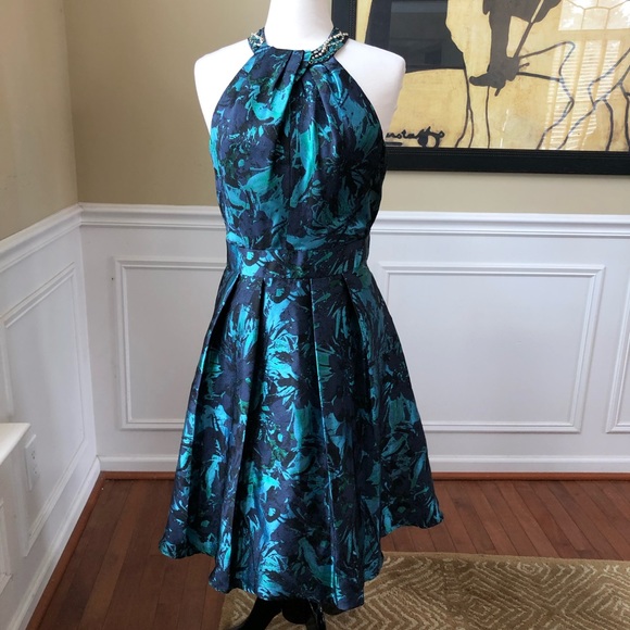 SLNY Dresses & Skirts - SLNY Dress Fit and Flare Jeweled Halter Neckline